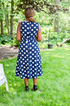 Modest Navy Polka Dot Midi Dress | Sleeveless Tie-Back Dress for Classic Elegance
