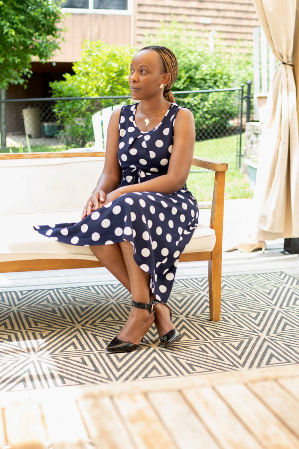 Modest Navy Polka Dot Midi Dress | Sleeveless Tie-Back Dress for Classic Elegance