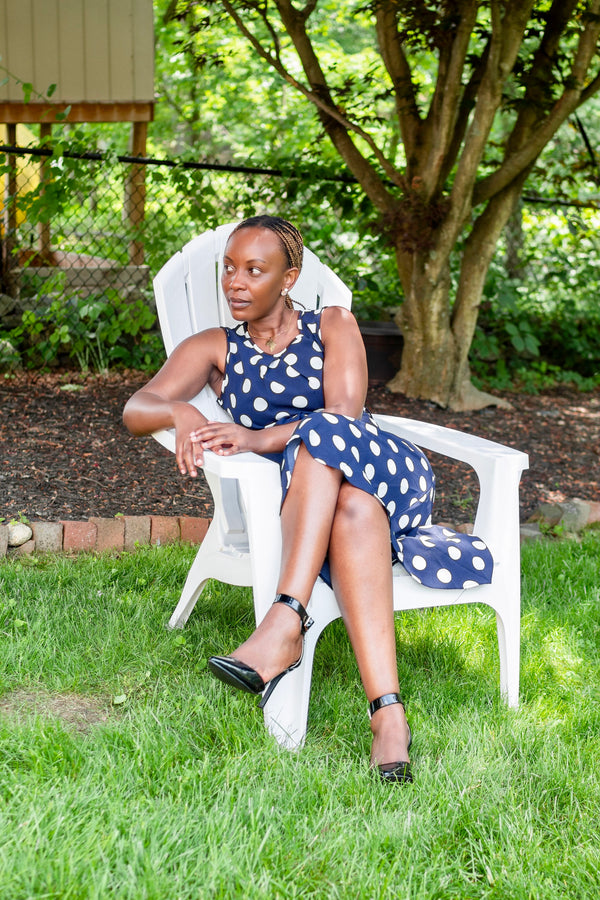 Modest Navy Polka Dot Midi Dress | Sleeveless Tie-Back Dress for Classic Elegance