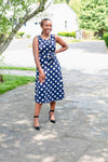 Modest Navy Polka Dot Midi Dress | Sleeveless Tie-Back Dress for Classic Elegance