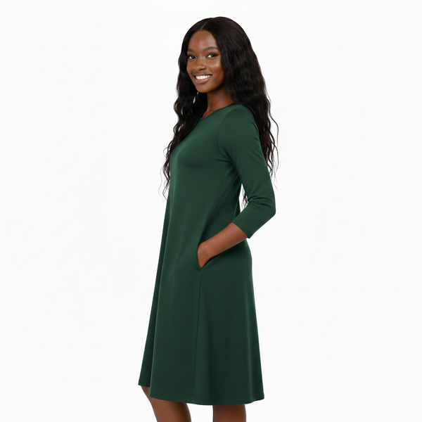 3/4 Sleeve A-Line Flare Dress | Soft Lounge Dress for Women (Hunter Green)