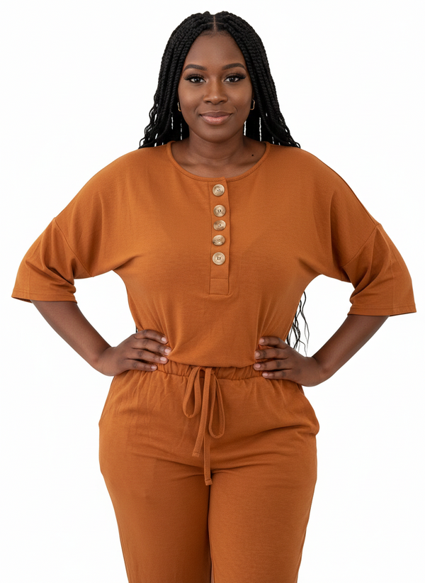 Half-Sleeve Casual everyday Jogger Jumpsuit | Cozy lounge jumpsuit (Almond)