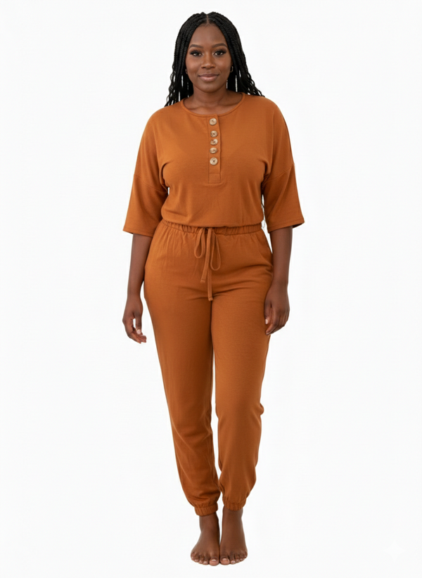 Half-Sleeve Casual everyday Jogger Jumpsuit | Cozy lounge jumpsuit (Almond)