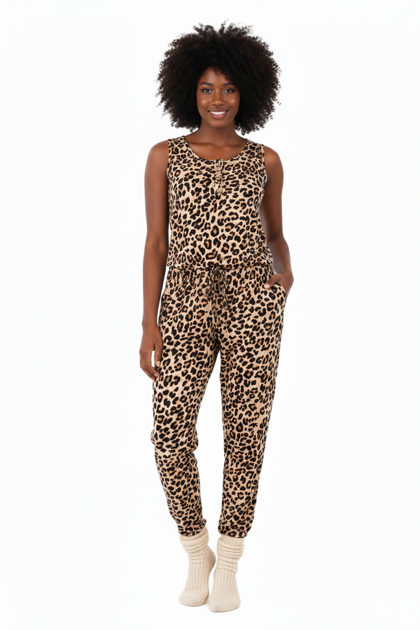 Leopard Print Scoop Neck Jogger Jumpsuit