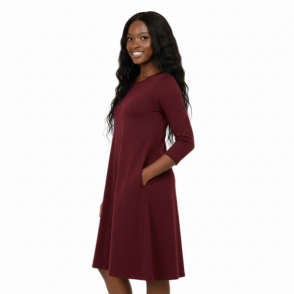 3/4 Sleeve A-Line Flare Dress | Soft Lounge Dress for Women (DK Burgundy)