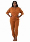 Half-Sleeve Casual everyday Jogger Jumpsuit | Cozy lounge jumpsuit (Almond)