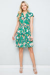 Green Vintage Floral Print Shirt Dress with Cap Sleeve