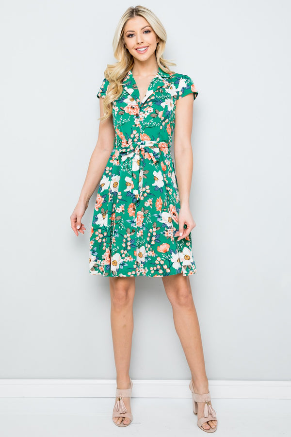 Green Vintage Floral Print Shirt Dress with Cap Sleeve