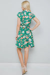 Green Vintage Floral Print Shirt Dress with Cap Sleeve