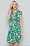 Green Vintage Floral Print Shirt Dress with Cap Sleeve