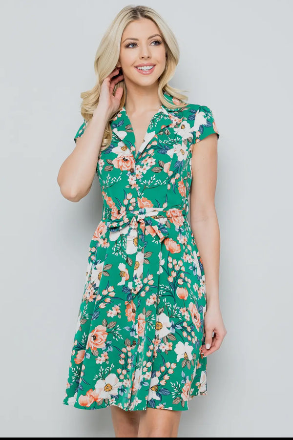 Green Vintage Floral Print Shirt Dress with Cap Sleeve