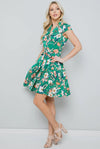 Green Vintage Floral Print Shirt Dress with Cap Sleeve