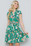 Green Vintage Floral Print Shirt Dress with Cap Sleeve