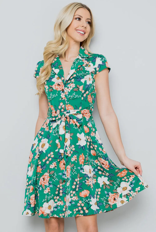 Green Vintage Floral Print Shirt Dress with Cap Sleeve