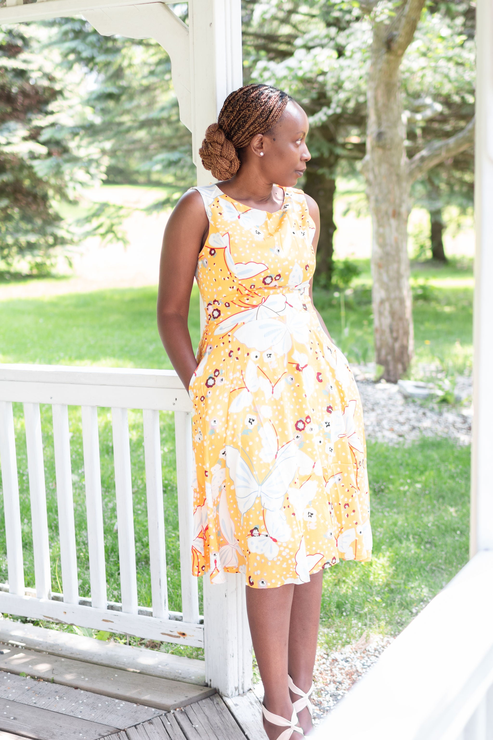 yellow butterfly dress Print with Tie-Back – Karí Céra Puffy Prom Dresses, Prom and floral accents black chiffon maxi dress Select Sweater Size:M