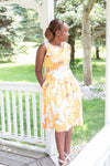 Yellow Butterfly Print Dress with Tie-Back