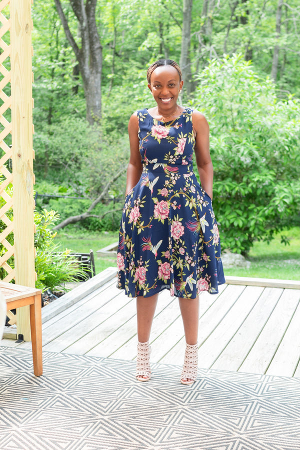 Elegant Navy Midi Dress in Floral Peacock Print - Karí Céra
