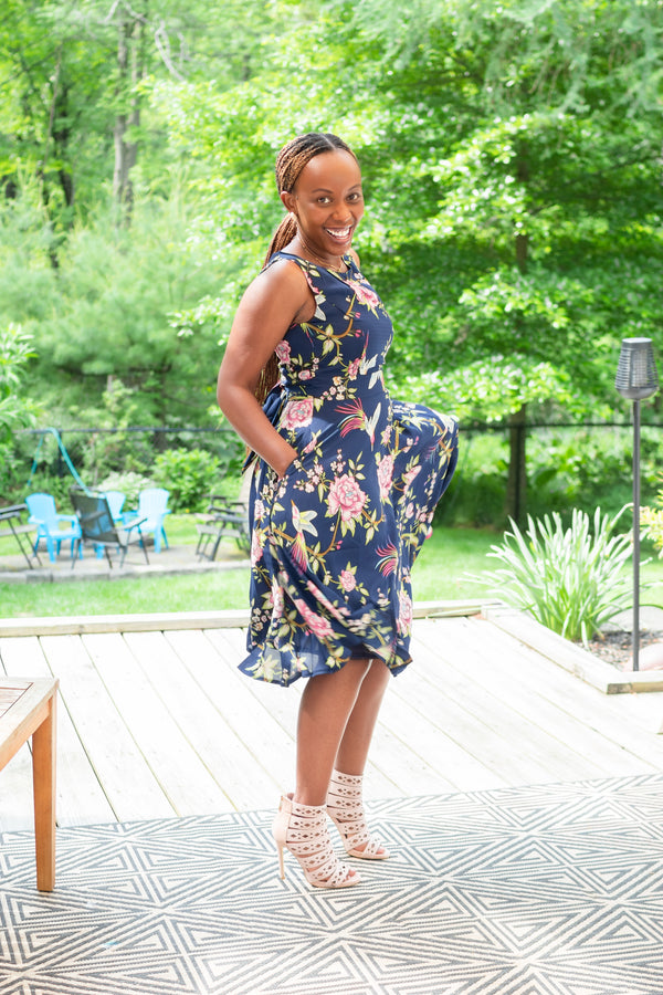 Elegant Navy Midi Dress in Floral Peacock Print - Karí Céra
