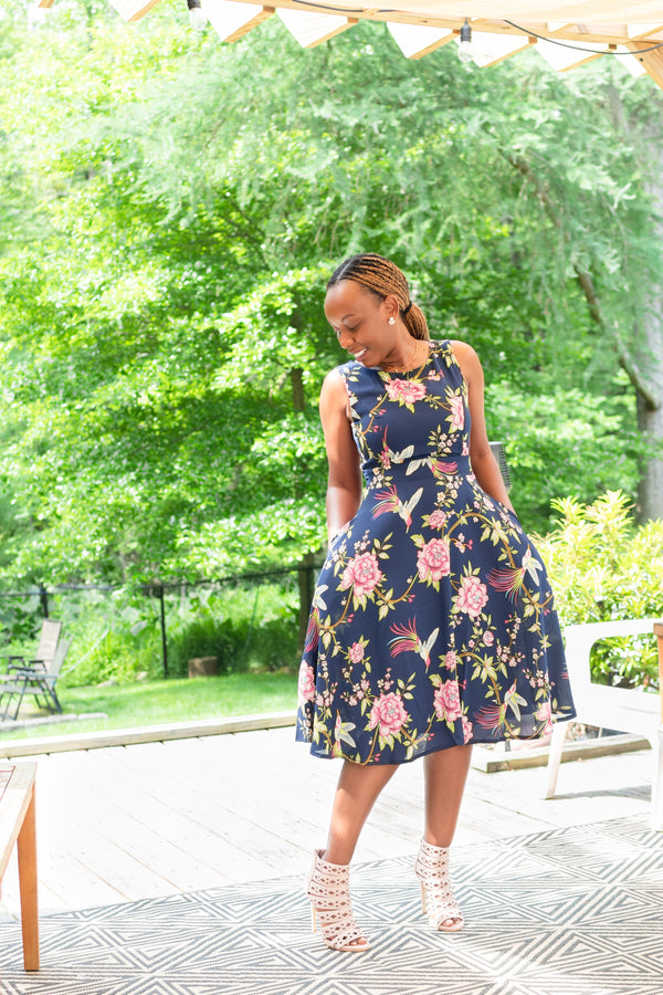 Elegant Navy Midi Dress in Floral Peacock Print - Karí Céra