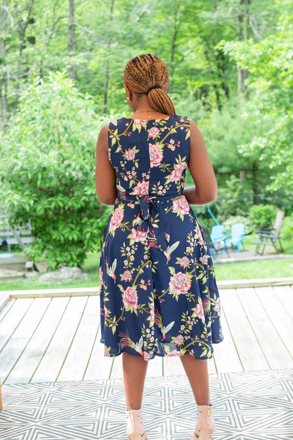 Elegant Navy Midi Dress in Floral Peacock Print - Karí Céra
