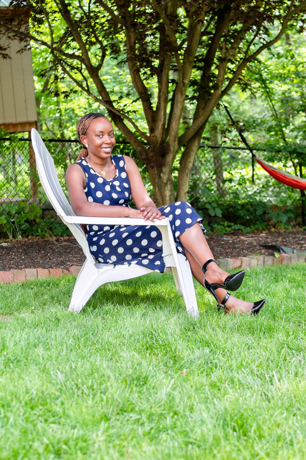 Modest Navy Polka Dot Midi Dress | Sleeveless Tie-Back Dress for Classic Elegance