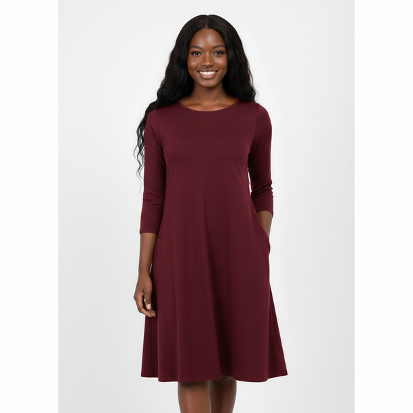 3/4 Sleeve A-Line Flare Dress | Soft Lounge Dress for Women (DK Burgundy)