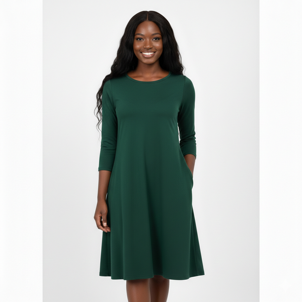3/4 Sleeve A-Line Flare Dress | Soft Lounge Dress for Women (Hunter Green)