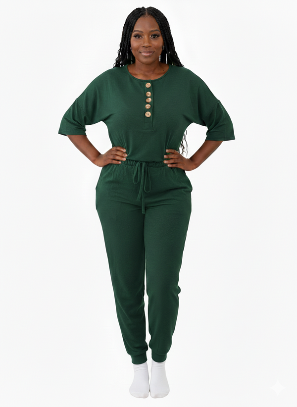 Half-Sleeve Casual everyday Jogger Jumpsuit | Cozy lounge jumpsuit (Hunter Green)